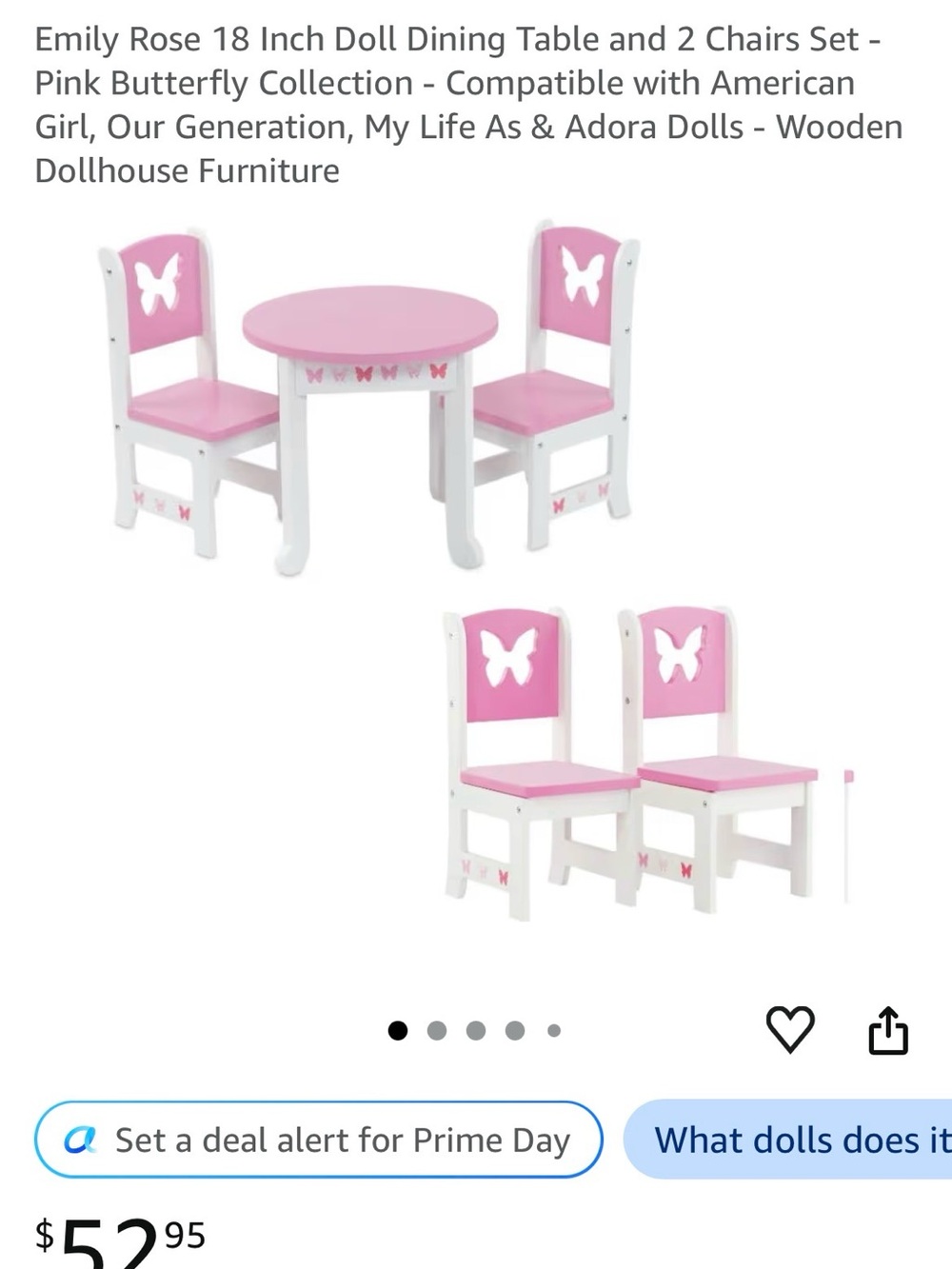 Emily Rose White and Pink Butterfly Doll Table with Chairs